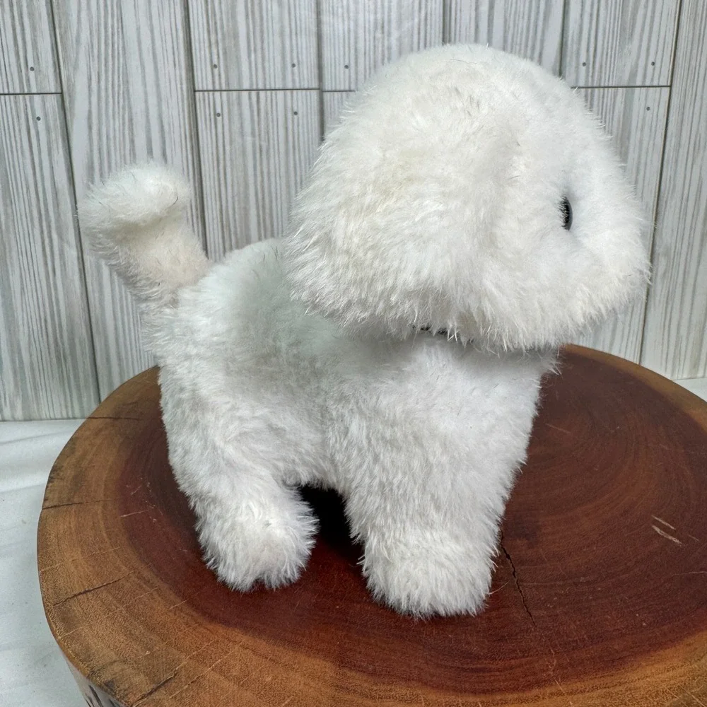 White Electronic Plush Puppy Dog Walking Toy Polka Dot Collar 7 Inch